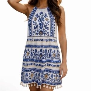 SKIES ARE BLUE Halter Dress White Floral Embroidered Tassel Boho Festival Size M